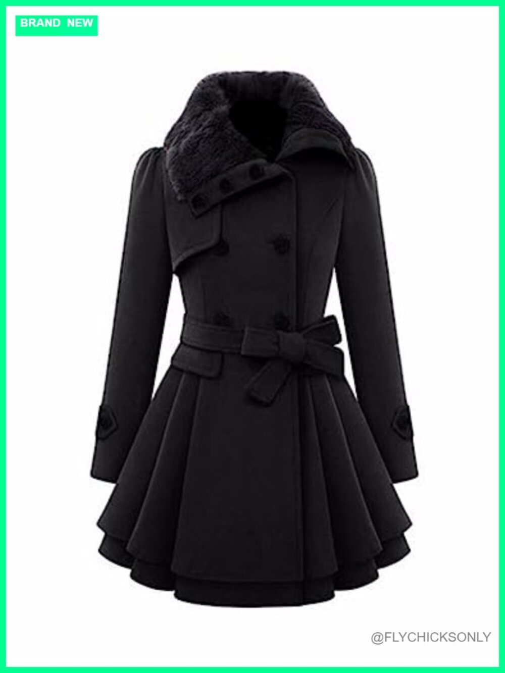 Wool Blend Faux Fur Lapel Double Breasted Trench Coat Midi